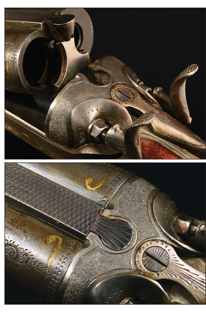 The gun has standard Purdey underlugs with a Scott spindle (above) and a doll’s head rib extension (below).